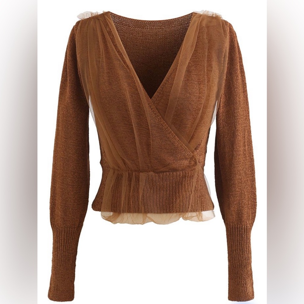 MESH OVERLAY LONG SLEEVE WRAP CROP KNIT TOP IN CARAMEL L-XL
